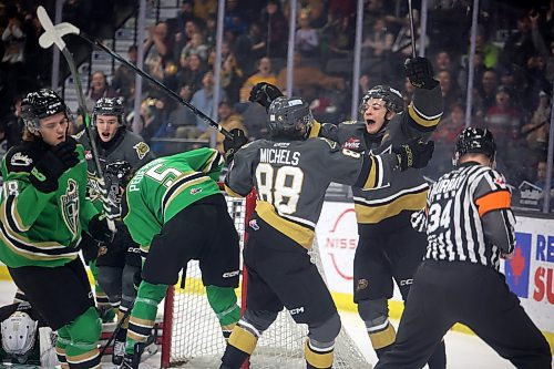 07122024
Matteo Michels #88 and Brady Turko #71 of the Brandon Wheat Kings celebrate a goal by Michels during WHL action against the Prince Albert Raiders at Westoba Place on Saturday evening. 
(Tim Smith/The Brandon Sun)