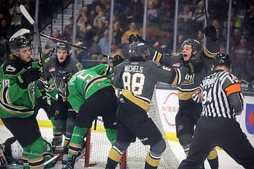 07122024
Matteo Michels #88 and Brady Turko #71 of the Brandon Wheat Kings celebrate a goal by Michels during WHL action against the Prince Albert Raiders at Westoba Place on Saturday evening. 
(Tim Smith/The Brandon Sun)