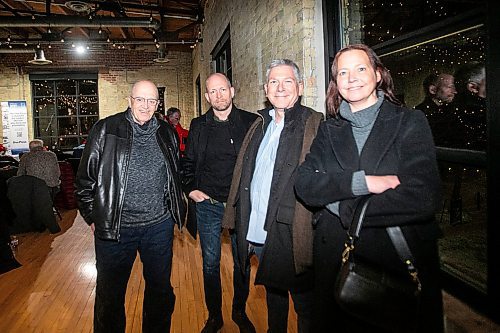 MIKAELA MACKENZIE / FREE PRESS
	
Barry Craig (left), Ben Sigurdson, Chris Hall, and Angela Torgerson at the Winnipeg Free Press subscriber sip and shop event at The Forks on Monday, Dec. 2, 2024. 

For social page.
Winnipeg Free Press 2024