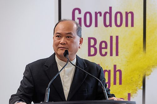 MIKE DEAL / FREE PRESS
Gordon Bell High School principal, Vinh Huynh, speaks during an announcement, by Terry Duguid, Parliamentary Secretary to the Prime Minister and Special Advisor for Water, at the school Monday, regarding the federal government investing $4.8 million in funding through the Green Infrastructure: Energy Efficient Buildings program to complete a retrofit that will create a comfortable, climate-resilient school environment with reduced operating costs and lower greenhouse gas emissions.
Reporter: Maggie Macintosh
241209 - Monday, December 09, 2024.