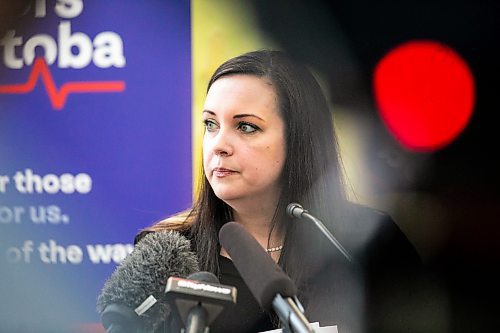 Dr. Nichelle Desilets, president-elect of Doctors Manitoba and a physician working in Neepawa, is seen at a news conference in Winnipeg on Tuesday. She has issued a recent advisory on behalf of Doctors Manitoba, warning the public about widespread ER closures in rural and northern Manitoba. (Mikaela Mackenzie/The Winnipeg Free Press)