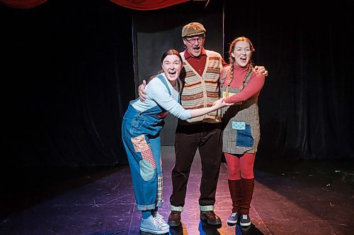 MIKE DEAL / FREE PRESS
(From left) Emily King as Hansel, Michael&#x2019;s Schellenberg as Father, and Carlyn Graff-Czehryn as Gretel during a rehearsal of Sick and Twisted Theatre's Christmas pantomime: Hansel &amp; Gretel in Portage Place! which will be running from Dec 12 to 22 at PTE.
Reporter: Ben Waldman
241210 - Tuesday, December 10, 2024.