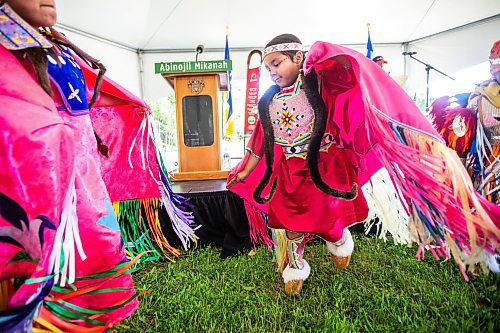 MIKAELA MACKENZIE / FREE PRESS

Callie Thompson (nine, left) and Aubree Kakewash (six) dance fancy shawl at the Abinojii Mikanah renaming ceremony on Friday, June 21, 2024. 

For Joyanne story.

