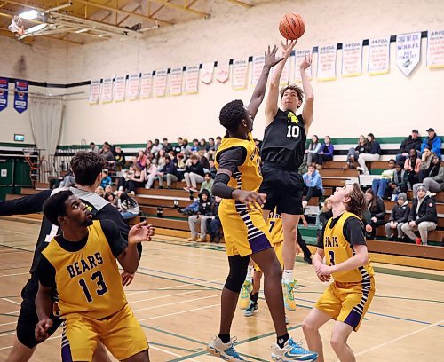 Ethan Olson of Neelin elevates over Virden Golden Bears defenders in the BSSI varsity basketball tournament on Thursday. (Tim Smith/The Brandon Sun)