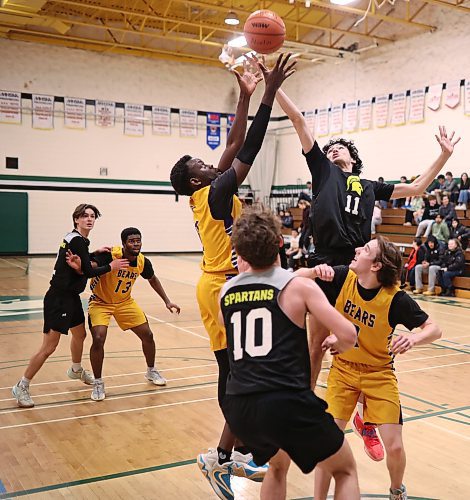 Clark Goran of Neelin Spartans leaps for the loose ball against Virden on Thursday. (Tim Smith/The Brandon Sun)