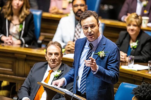 Finance Minister Adrien Sala presents the budget in the chamber at the Manitoba Legislative Building on Tuesday. (Mikaela MacKenzie/Winnipeg Free Press)