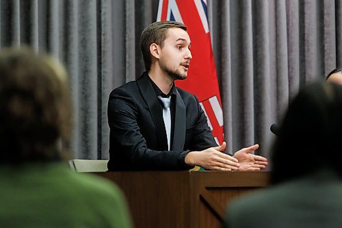 MIKE DEAL / FREE PRESS 
Rowan Hildebrand, Registrar General, speaks to the media about the bill he will be introducing along with other members of the 103rd Session of the Youth Parliament of Manitoba, during their annual press conference Thursday afternoon. 
241212 - Thursday, December 12, 2024.