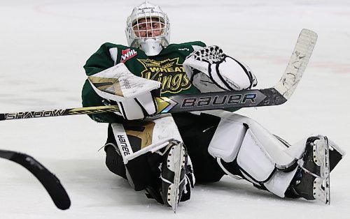 Brandon Wheat Kings goalie Ethan Eskit, shown doing sit-ups at a practice when his team lost a drill, has a 2.65 goals-against average and a .907 save percentage. (Perry Bergson/The Brandon Sun)