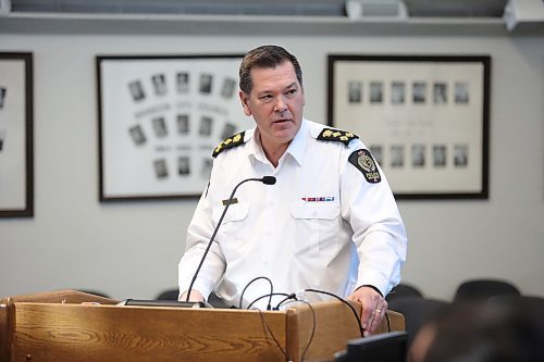 Brandon Police Chief Tyler Bates speaks before the Brandon Police Board on Friday to give an update on the force. (Matt Goerzen/The Brandon Sun)