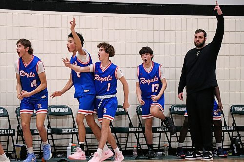 Brandon product Steve Shields (right) celebrates along with his team after winning the Brandon Sun Spartan Invitational Tier 1 title Saturday evening. (Matt Packwood/The Brandon Sun)
