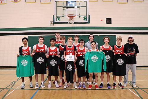 The Garden Valley Zodiacs pose with the Source For Sports Division plaque following Saturday's win over the host Neelin Spartans. (Matt Packwood/The Brandon Sun)