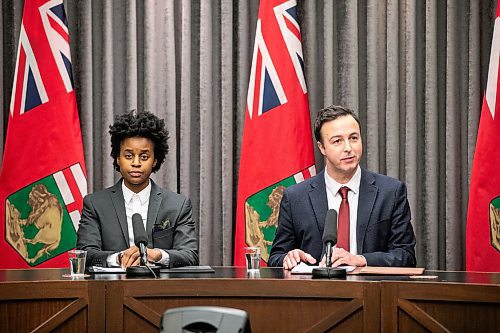 MIKAELA MACKENZIE / FREE PRESS
	
Health minister Uzoma Asagwara (left) and finance minister Adrien Sala give a provincial fiscal update at the Manitoba Legislative Building on Monday, Dec. 16, 2024.

For Maggie story.
Winnipeg Free Press 2024