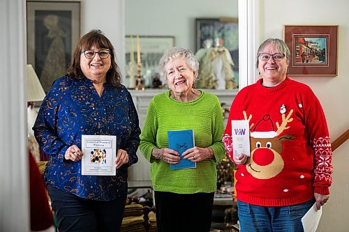 MIKAELA MACKENZIE / FREE PRESS
	
Council of Women of Winnipeg members Arlene Macklem (left), Arlene Draffin Jones, and Brenda Buleziuk on Monday, Dec. 16, 2024. The volunteer-run organization, which advocates with other groups, politicians and businesses on issues to improve the quality of life in Winnipeg, celebrated its 130th anniversary this year.

For Aaron Epp story.
Winnipeg Free Press 2024