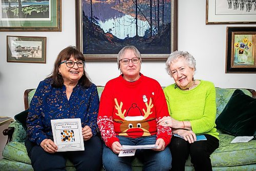 MIKAELA MACKENZIE / FREE PRESS
	
Council of Women of Winnipeg members Arlene Macklem (left), Brenda Buleziuk, and Arlene Draffin Jones on Monday, Dec. 16, 2024. The volunteer-run organization, which advocates with other groups, politicians and businesses on issues to improve the quality of life in Winnipeg, celebrated its 130th anniversary this year.

For Aaron Epp story.
Winnipeg Free Press 2024