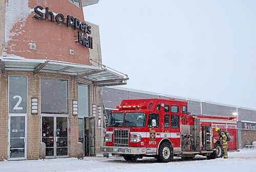 16122024
Brandon Fire and Emergency Services members respond to an incident involving smoke in the Shoppers Mall in Brandon on Monday morning. The majority of the mall remained closed most of Monday with a few anchor businesses including Sport Chek, GoodLife Fitness and Smitty&#x2019;s opening later in the afternoon. 
(Tim Smith/The Brandon Sun)