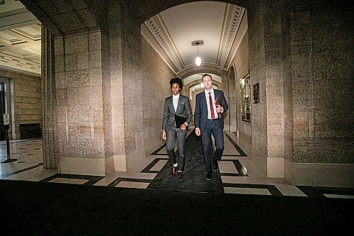 MIKAELA MACKENZIE / FREE PRESS
	
Health minister Uzoma Asagwara (left) and finance minister Adrien Sala give a provincial fiscal update at the Manitoba Legislative Building on Monday, Dec. 16, 2024.

For Maggie story.
Winnipeg Free Press 2024