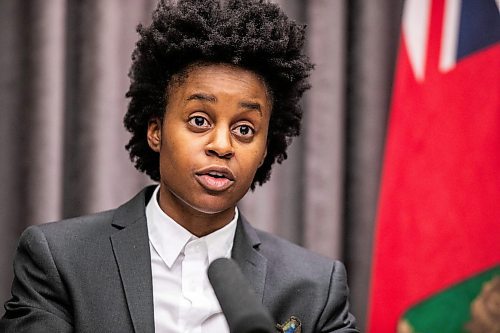 MIKAELA MACKENZIE / FREE PRESS
	
Health minister Uzoma Asagwara speaks at a provincial fiscal update at the Manitoba Legislative Building on Monday, Dec. 16, 2024.

For Maggie story.
Winnipeg Free Press 2024