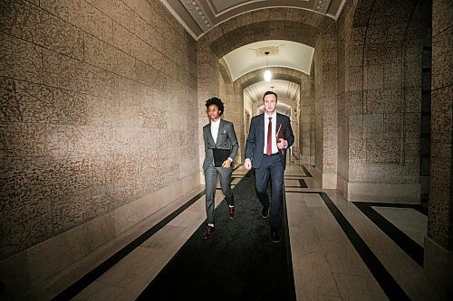 MIKAELA MACKENZIE / FREE PRESS
	
Health minister Uzoma Asagwara (left) and finance minister Adrien Sala give a provincial fiscal update at the Manitoba Legislative Building on Monday, Dec. 16, 2024.

For Maggie story.
Winnipeg Free Press 2024