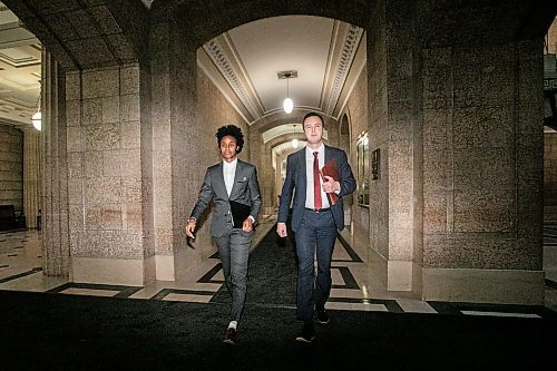 MIKAELA MACKENZIE / FREE PRESS
	
Health minister Uzoma Asagwara (left) and finance minister Adrien Sala give a provincial fiscal update at the Manitoba Legislative Building on Monday, Dec. 16, 2024.

For Maggie story.
Winnipeg Free Press 2024