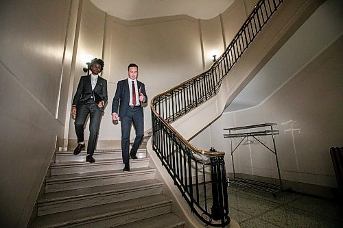 MIKAELA MACKENZIE / FREE PRESS
	
Health minister Uzoma Asagwara (left) and finance minister Adrien Sala give a provincial fiscal update at the Manitoba Legislative Building on Monday, Dec. 16, 2024.

For Maggie story.
Winnipeg Free Press 2024