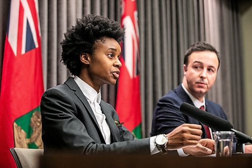 MIKAELA MACKENZIE / FREE PRESS
	
Health minister Uzoma Asagwara (left) and finance minister Adrien Sala give a provincial fiscal update at the Manitoba Legislative Building on Monday, Dec. 16, 2024.

For Maggie story.
Winnipeg Free Press 2024