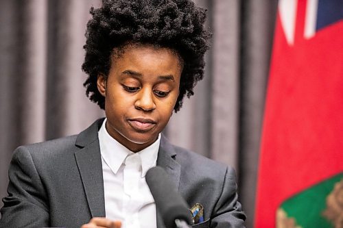 MIKAELA MACKENZIE / FREE PRESS
	
Health minister Uzoma Asagwara speaks at a provincial fiscal update at the Manitoba Legislative Building on Monday, Dec. 16, 2024.

For Maggie story.
Winnipeg Free Press 2024