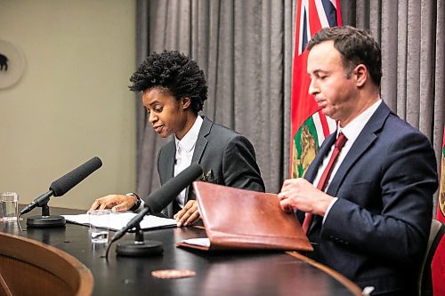 MIKAELA MACKENZIE / FREE PRESS
	
Health minister Uzoma Asagwara (left) and finance minister Adrien Sala give a provincial fiscal update at the Manitoba Legislative Building on Monday, Dec. 16, 2024.

For Maggie story.
Winnipeg Free Press 2024