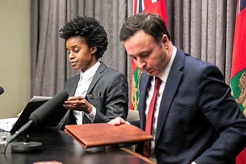 MIKAELA MACKENZIE / FREE PRESS
	
Health minister Uzoma Asagwara (left) and finance minister Adrien Sala give a provincial fiscal update at the Manitoba Legislative Building on Monday, Dec. 16, 2024.

For Maggie story.
Winnipeg Free Press 2024