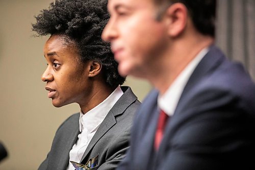 MIKAELA MACKENZIE / FREE PRESS
	
Health minister Uzoma Asagwara (left) and finance minister Adrien Sala give a provincial fiscal update at the Manitoba Legislative Building on Monday, Dec. 16, 2024.

For Maggie story.
Winnipeg Free Press 2024