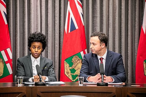 MIKAELA MACKENZIE / FREE PRESS
	
Health minister Uzoma Asagwara (left) and finance minister Adrien Sala give a provincial fiscal update at the Manitoba Legislative Building on Monday, Dec. 16, 2024.

For Maggie story.
Winnipeg Free Press 2024