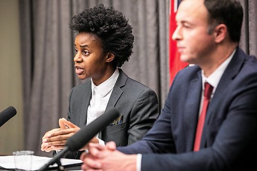 MIKAELA MACKENZIE / FREE PRESS
	
Health minister Uzoma Asagwara (left) and finance minister Adrien Sala give a provincial fiscal update at the Manitoba Legislative Building on Monday, Dec. 16, 2024.

For Maggie story.
Winnipeg Free Press 2024