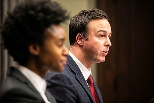 MIKAELA MACKENZIE / FREE PRESS
	
Health minister Uzoma Asagwara (left) and finance minister Adrien Sala give a provincial fiscal update at the Manitoba Legislative Building on Monday, Dec. 16, 2024.

For Maggie story.
Winnipeg Free Press 2024