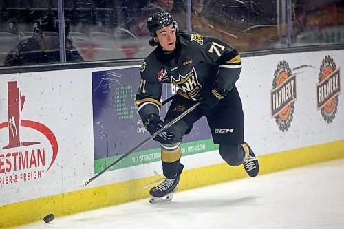 Brady Turko plays the puck during Tuesday's game against the Moose Jaw Warriors. (Tim Smith/The Brandon Sun)