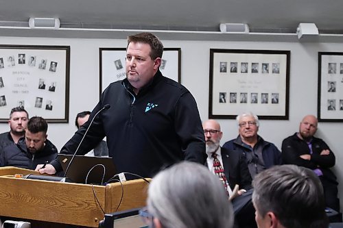 Evan Keller with Keller Developments speaks to Brandon City Councillors duirng a public hearing Monday evening in council chambers. Keller and others spoke about their concerns regarding proposed changes to a city bylaw involving Development Cost Charges. (Michele McDougall/The Brandon Sun) 