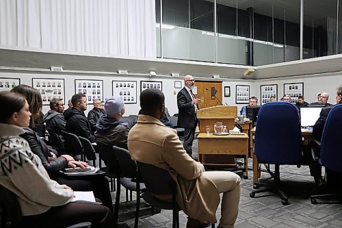 Shawn Wood, executive director of the Construction Association of Rural Manitoba (CARM) speaks to Brandon City Councillors duirng a public hearing Monday evening in council chambers. Wood and others spoke about their concerns regarding proposed changes to a city bylaw involving Development Cost Charges. (Michele McDougall/The Brandon Sun) 