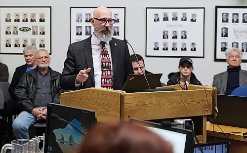 Shawn Wood, executive director of the Construction Association of Rural Manitoba (CARM) speaks to Brandon City Councillors duirng a public hearing Monday evening in council chambers. Wood and others spoke about their concerns regarding proposed changes to a city bylaw involving Development Cost Charges. (Michele McDougall/The Brandon Sun) 