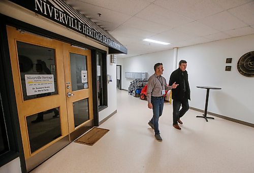 JOHN WOODS / FREE PRESS
Niverville&#x2019;s mayor Myron Dyck, right, is photographed with Ron Parent, executive director, outside the dentist office at the Heritage Life Personal Care Home Tuesday, December 17, 2024. Rural care homes often face a lack of capacity - either short beds, short staff or both.

Reporter: gabby