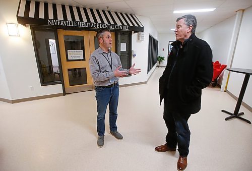 JOHN WOODS / FREE PRESS
Niverville&#x2019;s mayor Myron Dyck, right, is photographed with Ron Parent, executive director, outside the dentist office at the Heritage Life Personal Care Home Tuesday, December 17, 2024. Rural care homes often face a lack of capacity - either short beds, short staff or both.

Reporter: gabby