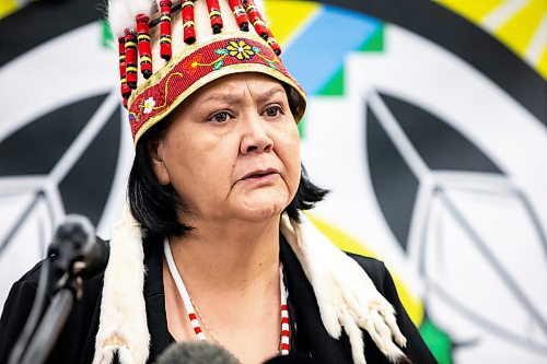 MIKAELA MACKENZIE / WINNIPEG FREE PRESS

Grand chief Cathy Merrick speaks at a press conference declaring a state of emergency due to the winter roads (and lack of supplies that are usually trucked in over the season this way) at Anisininew Okimawin/ITLC Inc. on Tuesday, Feb. 6, 2024. For Nicole story.
Winnipeg Free Press 2024.