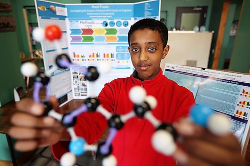 15042024
Aberehan Moges, a grade seven student at Christian Heritage School, with his science fair project Mood Foods; A Comprehensive Study Investigating the Impact of Nutrient-Rich Snacks on Cognitive Performance, Productivity and Mental Well-Being. (Tim Smith/The Brandon Sun)