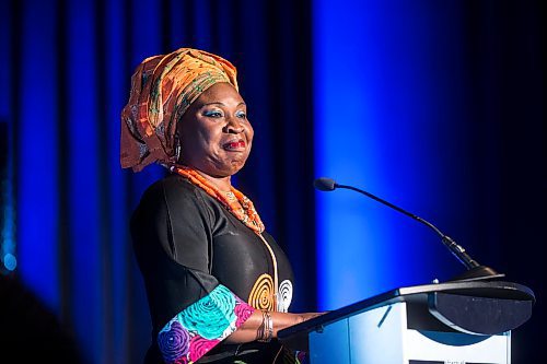 MIKAELA MACKENZIE / WINNIPEG FREE PRESS

President-elect of the Black Women's Congress of Manitoba Kenny Daodu speaks a gala celebrating the opening of the Mandela exhibition at the Canadian Museum for Human Rights in Winnipeg on Monday, June 4, 2018. 

Mikaela MacKenzie / Winnipeg Free Press 2018.