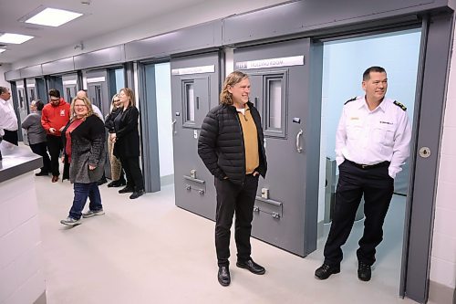 19122024
Brandon Mayor Jeff Fawcett chats with Brandon Police Service Chief Tyler Bates while touring the new detention cells at the Brandon Police Service headquarters in Brandon on Thursday. (Tim Smith/The Brandon Sun)