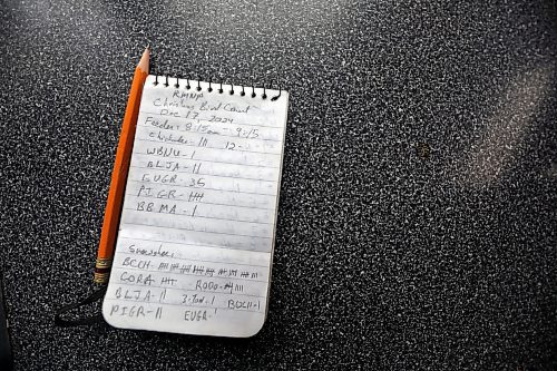 A tally of local bird sightings is seen on a notebook in Ken Kingdon's kitchen. The tally includes those seen at his feeder, and while snowshoeing local woods. Kingdon will submit his numbers to the area count along with around 30 other participants in other divisions of the region and a total will be compiled. Kingdon said it is useful for research and can be labelled &quot;citizen science.&quot; (Connor McDowell/Brandon Sun)