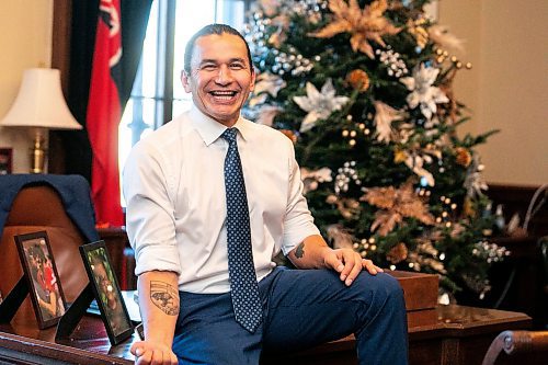 MIKAELA MACKENZIE / FREE PRESS
	
Premier Wab Kinew shows off his distinctly Manitoban new tattoo in his office on Friday, Dec. 20, 2024.

For Maggie story.
Winnipeg Free Press 2024