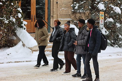 Brandon University International students Tolu Oke, Jessica Ehirim, Rejoice Ifeuwa, Goodness Ibeh, and Tosin Salau walk in front of Clark Hall toward the Knowles Douglas Building on Saturday. BU is grappling with the fallout from a decline in international student enrolment, a trend reverberating across Canada in the wake of recent federal policy changes. (Abiola Odutola/The Brandon Sun)