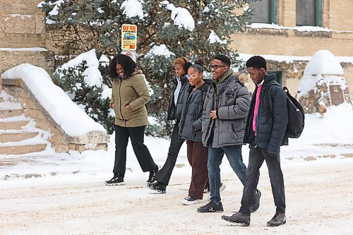 Brandon University International students Tolu Oke, Jessica Ehirim, Rejoice Ifeuwa, Goodness Ibeh, and Tosin Salau walk in front of Clark Hall toward the Knowles Douglas Building on Saturday. BU is grappling with the fallout from a decline in international student enrolment, a trend reverberating across Canada in the wake of recent federal policy changes. (Abiola Odutola/The Brandon Sun)