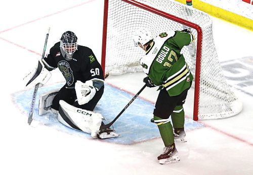 Swift Current Broncos forward Rylan Gould of Headingley (13) watches the puck head towards the goal-line behind Brandon Wheat Kings goalie Alex Garrett (50) in Western Hockey League action at Westoba Place on Wednesday afternoon. Gould's goal sparked a four-goal explosion in the second period in a 5-2 Swift Current victory. (Perry Bergson/The Brandon Sun)
Jan. 1, 2025