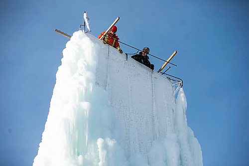 MIKAELA MACKENZIE / FREE PRESS
	

Charles Roy (left) and Rolly Magne adjust the water for optimal ice creation at the St. Boniface ice climbing tower on Monday, Jan. 6, 2025. The system needs to be checked three times a day while running, and it usually takes about two weeks to create the finished tower. Temperatures need to be below -15C to build up ice, so these folks may be one of the few not looking forward to the warmer days forecasted ahead.

Standup.
Winnipeg Free Press 2025