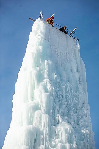 MIKAELA MACKENZIE / FREE PRESS
	

Charles Roy (left) and Rolly Magne adjust the water for optimal ice creation at the St. Boniface ice climbing tower on Monday, Jan. 6, 2025. The system needs to be checked three times a day while running, and it usually takes about two weeks to create the finished tower. Temperatures need to be below -15C to build up ice, so these folks may be one of the few not looking forward to the warmer days forecasted ahead.

Standup.
Winnipeg Free Press 2025