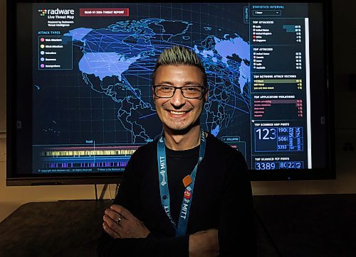 MIKE DEAL / FREE PRESS
Jared Miskimmin, MITT&#x2019;s program manager of information communication and digital technologies and skilled trades stands in front of a cyber security threat map in one of the schools computer labs. MITT is launching a cybersecurity analyst diploma program this fall, and a medical assistant and patient care diploma.
Reporter: Gabrielle Piche
250108 - Wednesday, January 08, 2025.